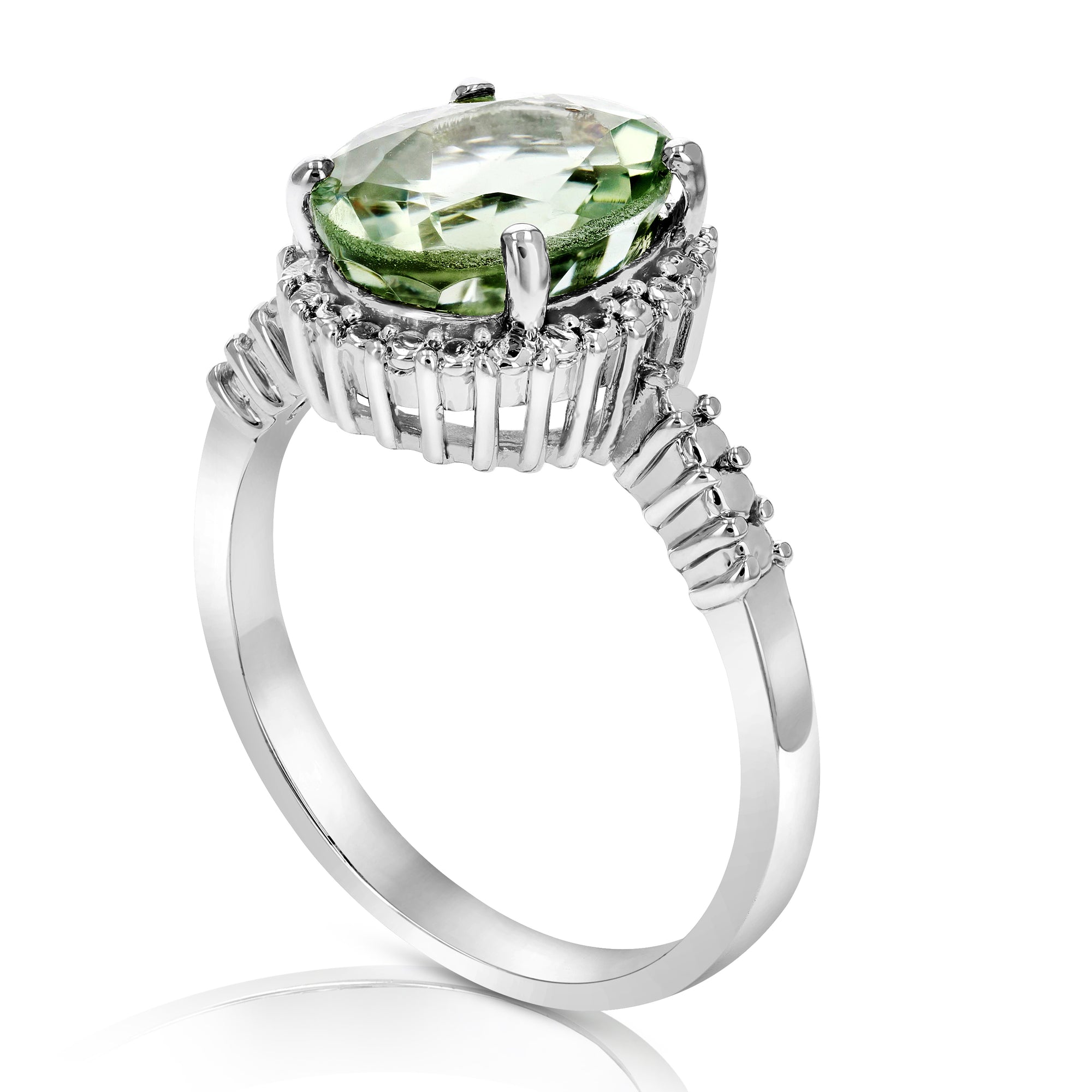 2.50 cttw Green Amethyst Ring .925 Sterling Silver with Rhodium Oval 11x9 MM