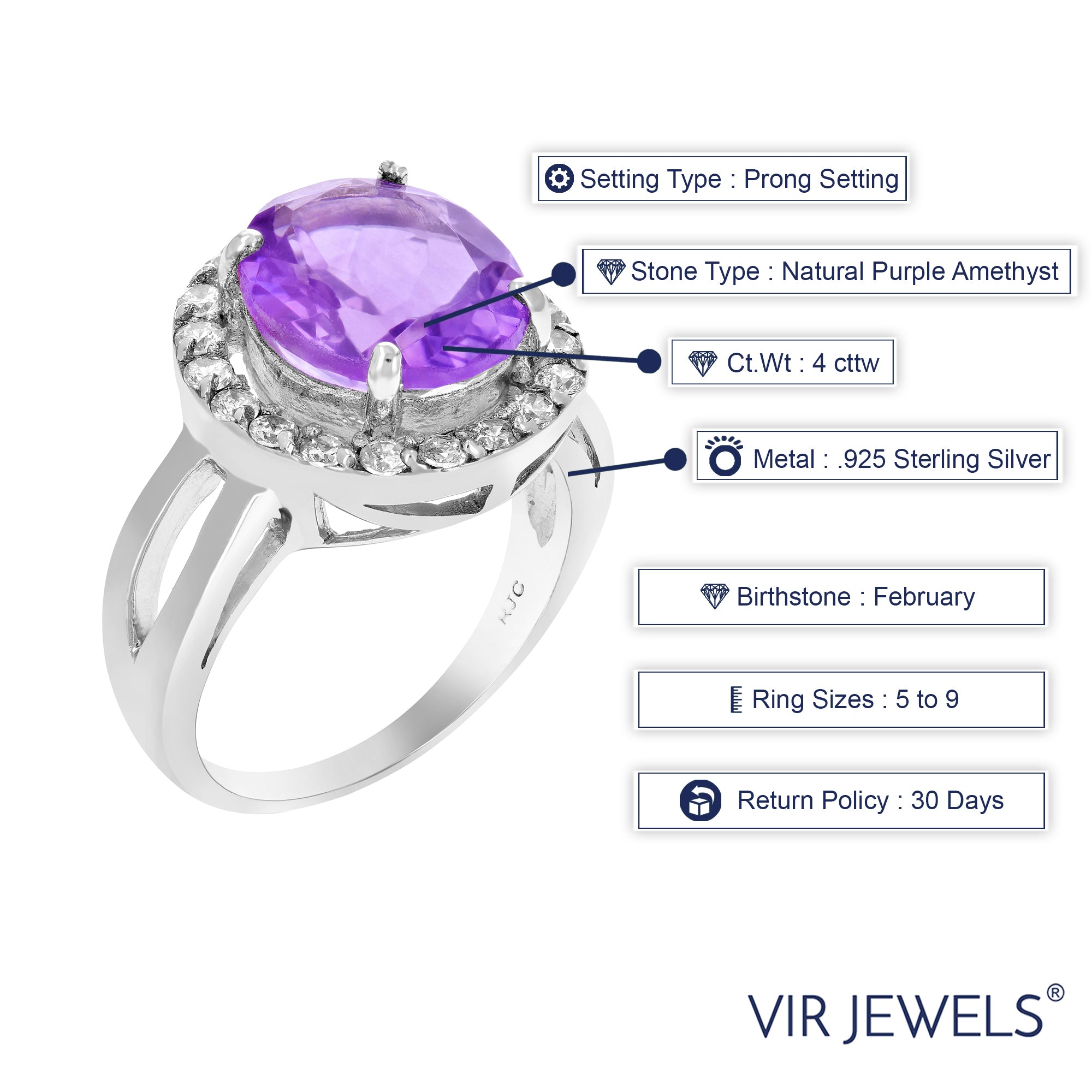 4 cttw Purple Amethyst Ring .925 Sterling Silver with Rhodium Oval 12x10 MM