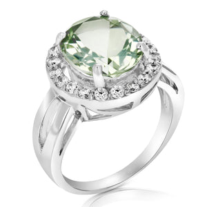 4 cttw Green Amethyst Ring .925 Sterling Silver with Rhodium Oval Shape 12x10 MM