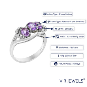 0.90 cttw Purple Amethyst Ring .925 Sterling Silver with Rhodium Oval 6x4 MM