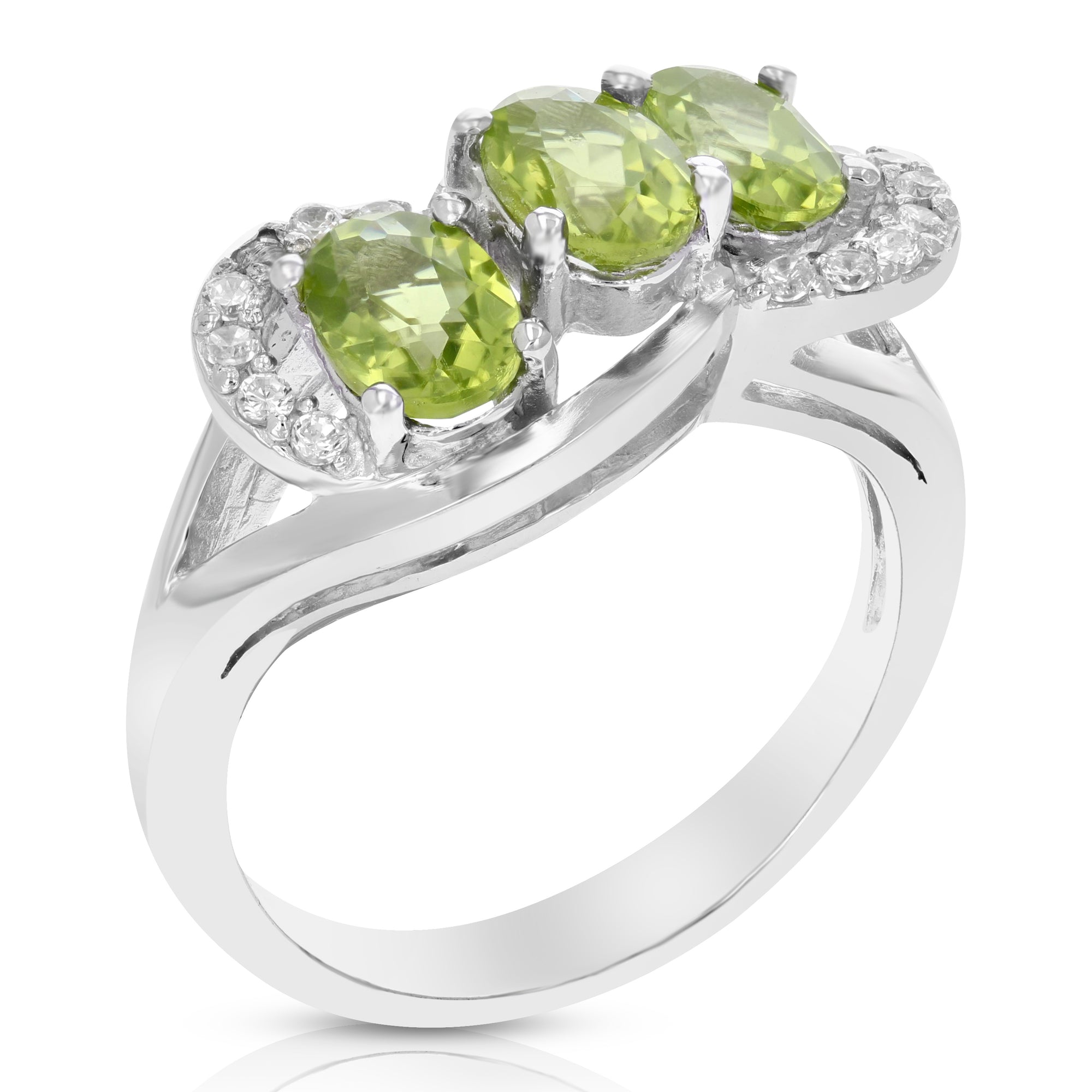 1.15 cttw 3 Stone Peridot Ring in .925 Sterling Silver Rhodium Oval Shape 6x4 MM