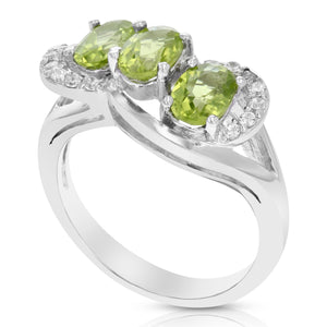 1.15 cttw 3 Stone Peridot Ring in .925 Sterling Silver Rhodium Oval Shape 6x4 MM