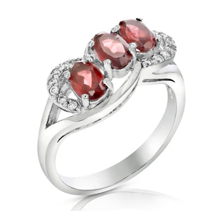 1.20 cttw 3 Stone Garnet Ring .925 Sterling Silver with Rhodium Oval 6x4 MM