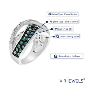 1.20 cttw Blue and White Diamond Ring .925 Sterling Silver with Rhodium
