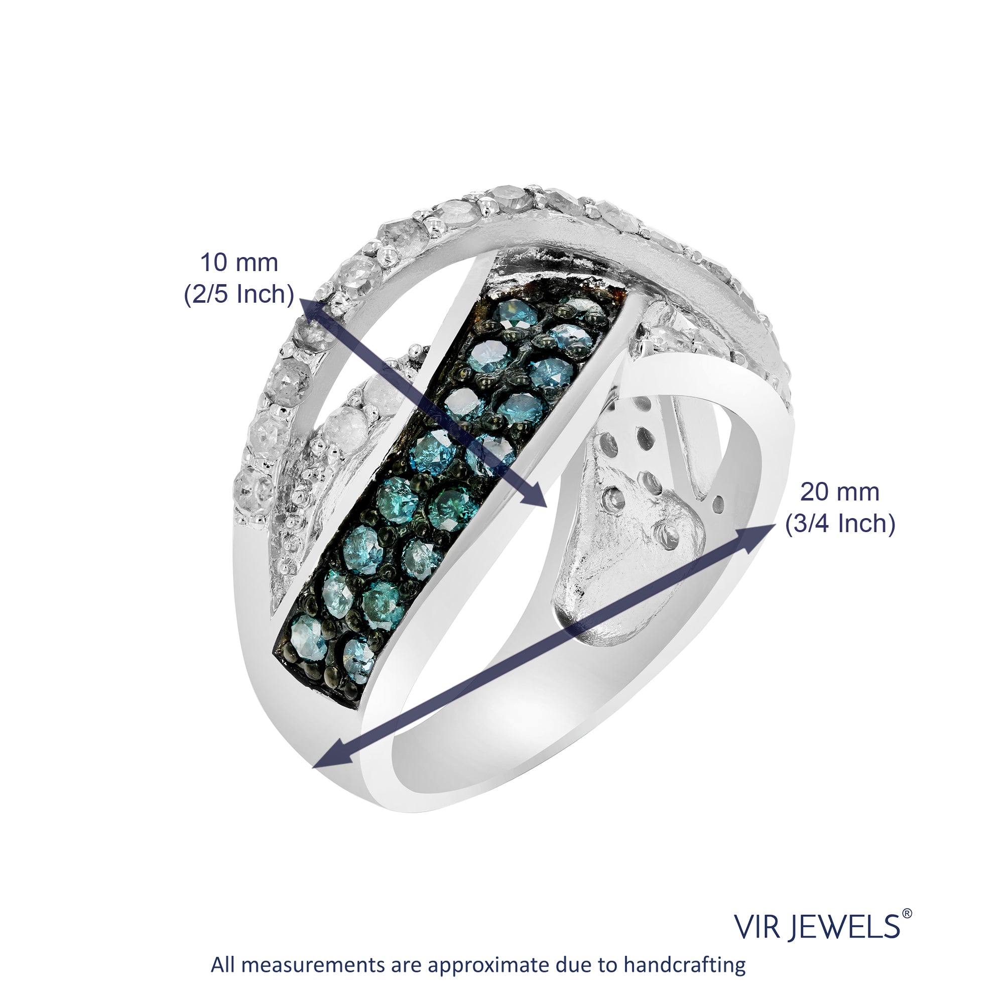 1.20 cttw Blue and White Diamond Ring .925 Sterling Silver with Rhodium