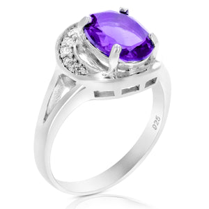 1.70 cttw Purple Amethyst Ring .925 Sterling Silver Rhodium Halo Oval 9x7 MM