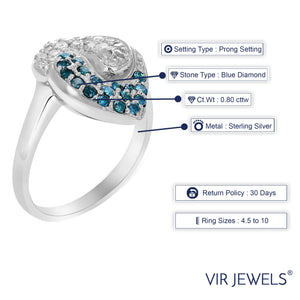 0.80 cttw Blue and White Diamond Ring .925 Sterling Silver with Rhodium Plating