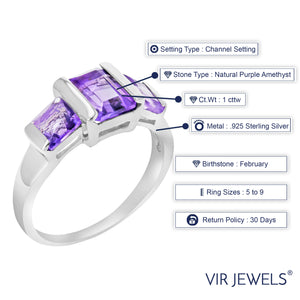 1 cttw 3 Stone Purple Amethyst Ring .925 Sterling Silver with Rhodium Emerald