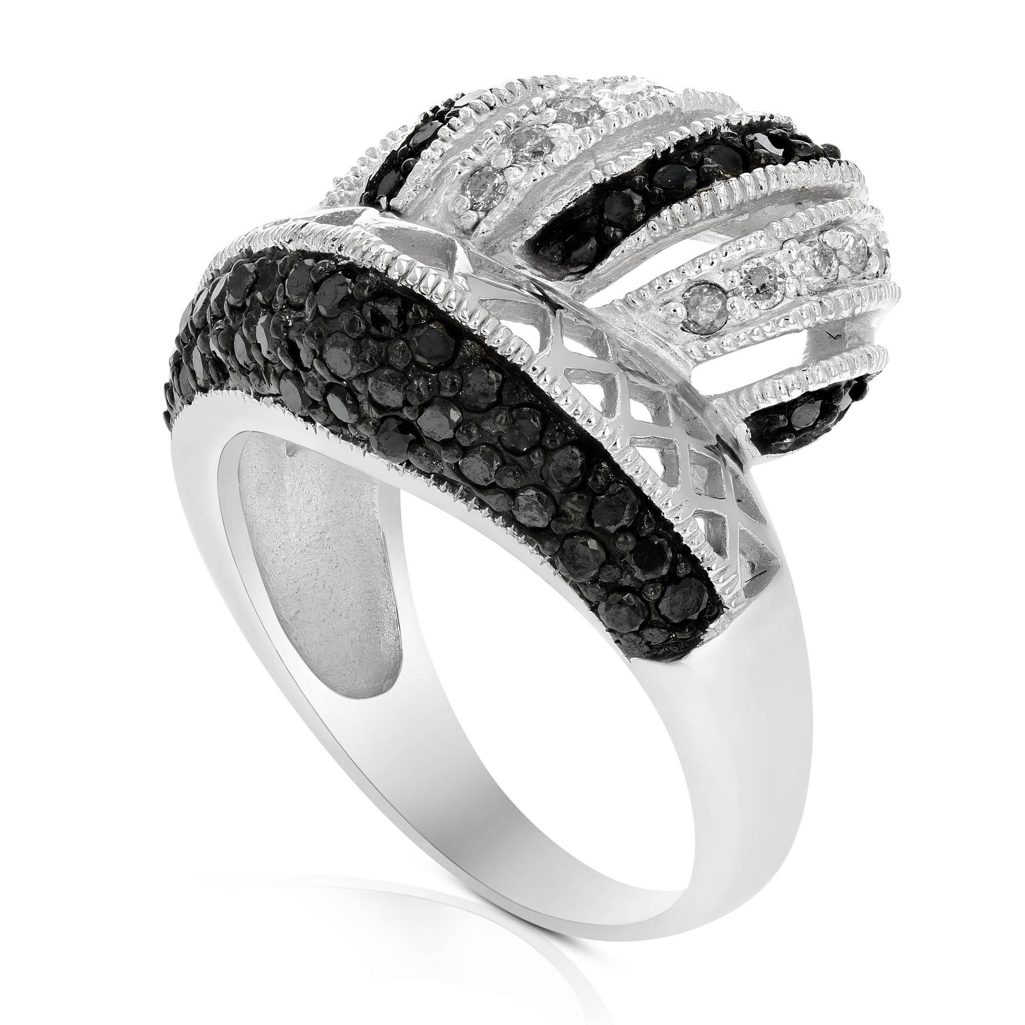 1.10 cttw Black and White Diamond Ring .925 Sterling Silver with Rhodium Size 7