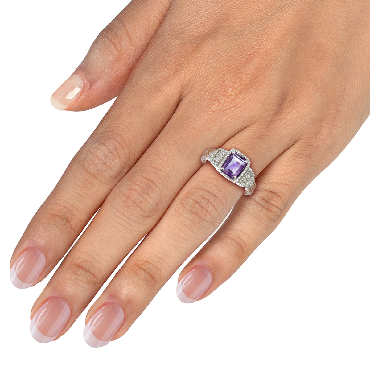 1.10 cttw Emerald Purple Amethyst Ring .925 Sterling Silver Rhodium 8x6 MM