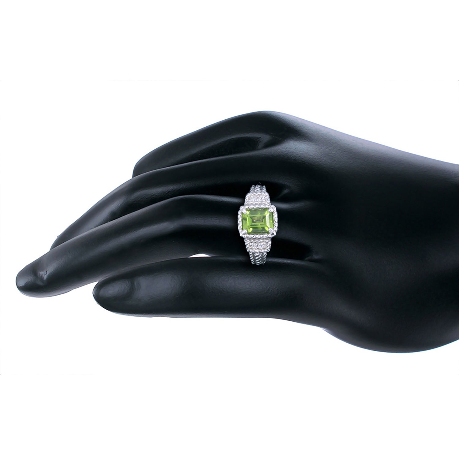 1.10 cttw Emerald Peridot Ring .925 Sterling Silver with Rhodium Plating 8x6 MM