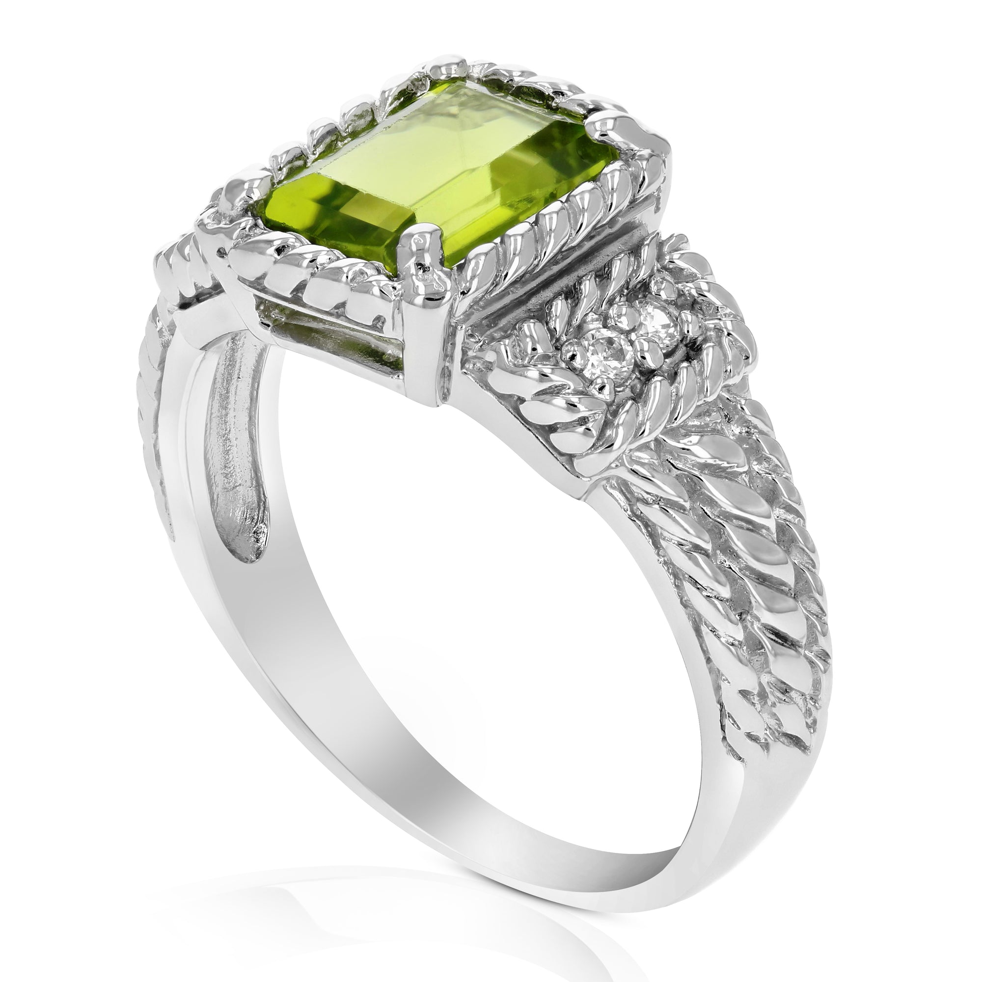 1.10 cttw Emerald Peridot Ring .925 Sterling Silver with Rhodium Plating 8x6 MM