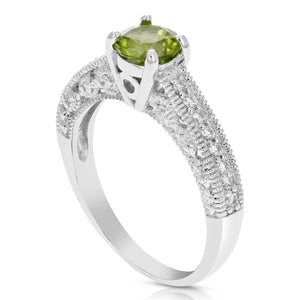 3/4 cttw Peridot Ring .925 Sterling Silver with Rhodium Plating Round Shape 6 MM