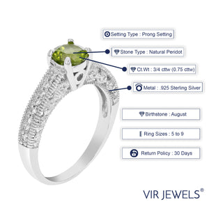 3/4 cttw Peridot Ring .925 Sterling Silver with Rhodium Plating Round Shape 6 MM
