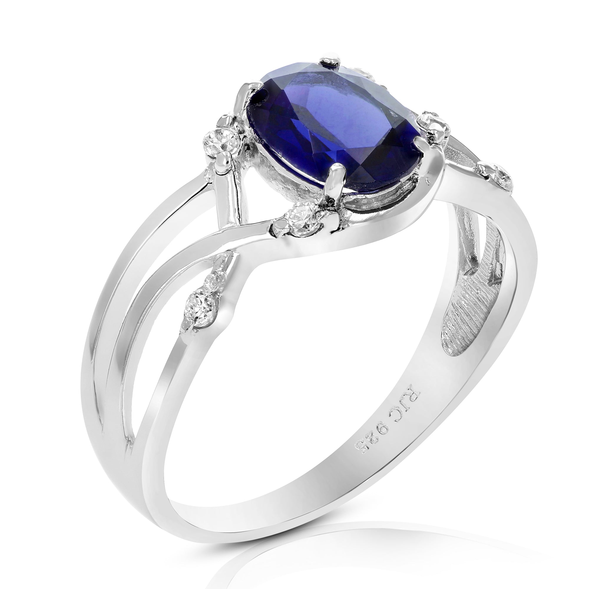 1.20 cttw Created Blue Sapphire Ring .925 Sterling Silver Rhodium Oval 8x6 MM Size 7