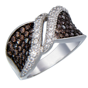 Criss Cross Champagne and White Cubic Zirconia Fashion Ring Brass with Rhodium