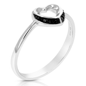 1/20 cttw Black Diamond Heart Ring .925 Sterling Silver with Rhodium Size 7