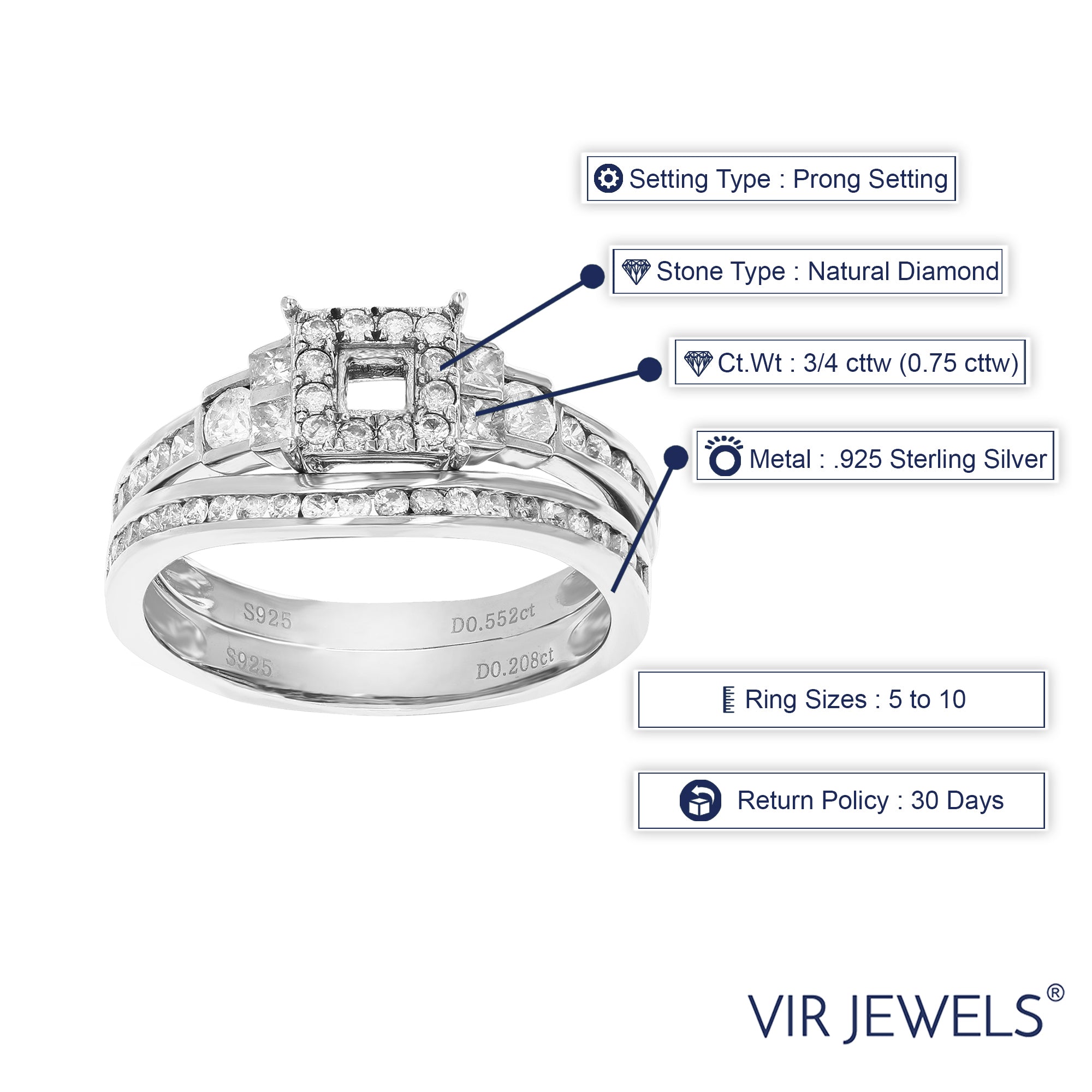 3/4 cttw Diamond Semi Mount Bridal Set with Princess Center Silver Size 7