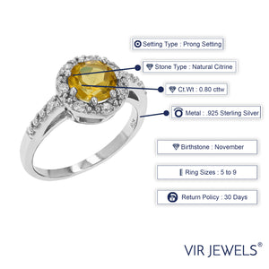 0.80 cttw 7 MM Round Halo Style Citrine Ring .925 Sterling Silver with Rhodium