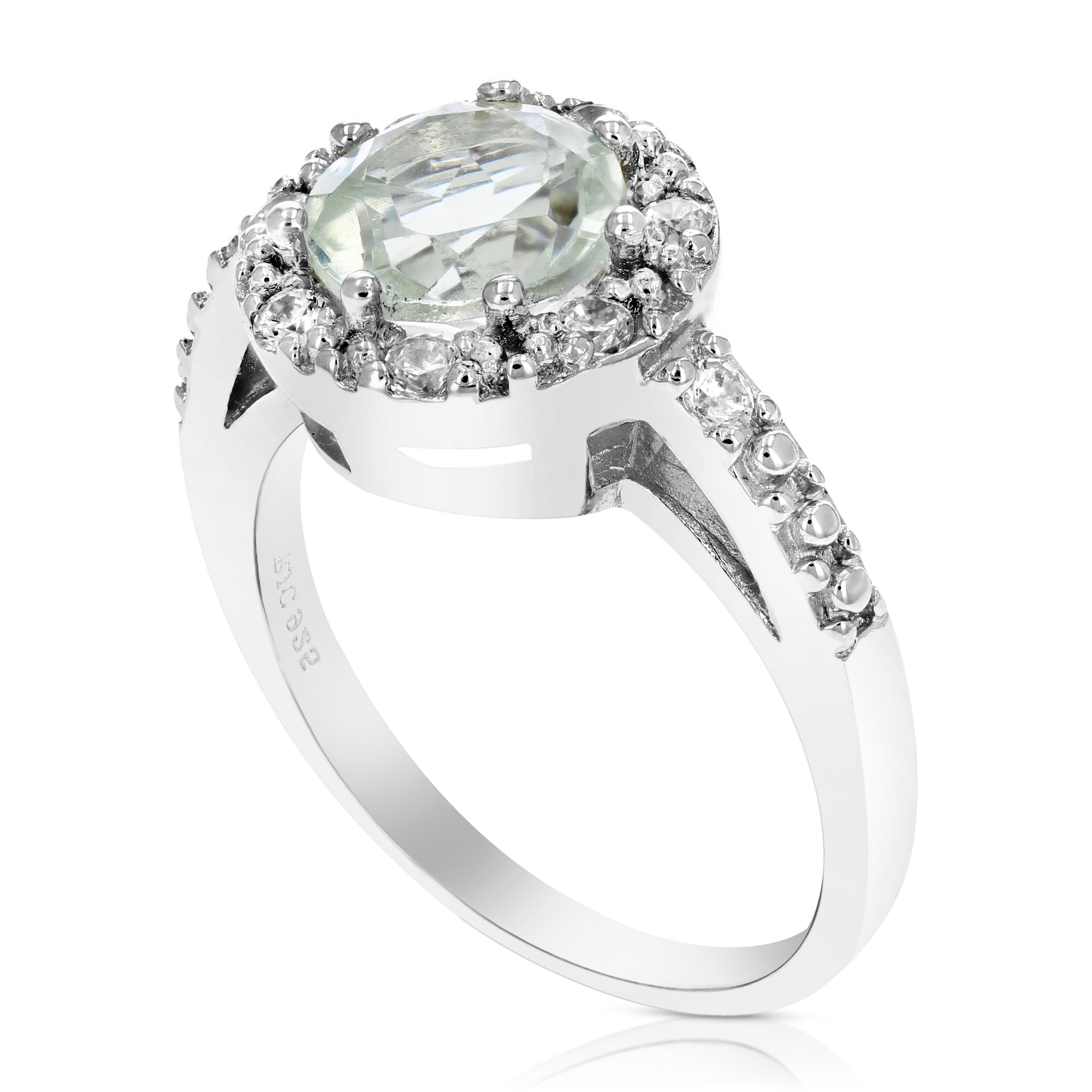 0.80 cttw Green Amethyst Ring .925 Sterling Silver with Rhodium Round Shape 7 MM
