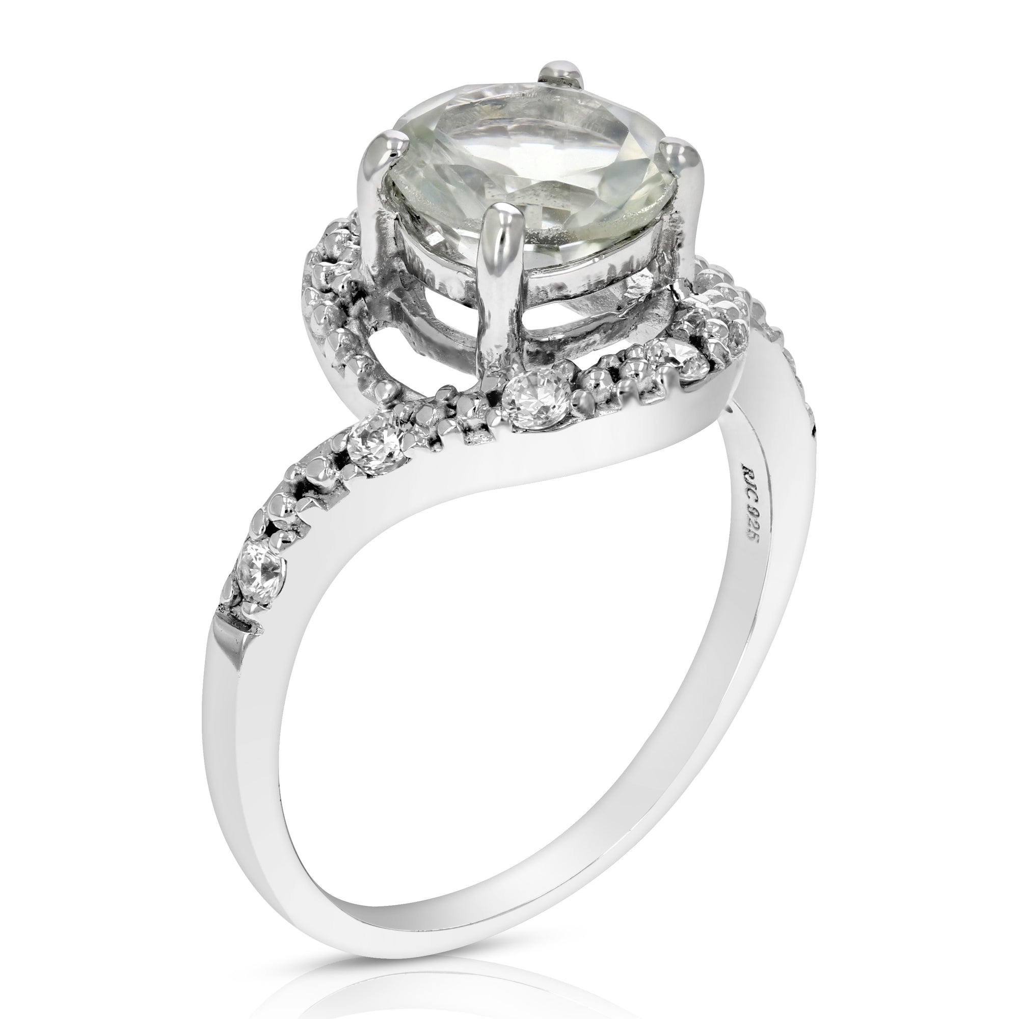 0.80 cttw Green Amethyst Ring .925 Sterling Silver with Rhodium Round Shape 7 MM