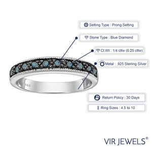 1/4 cttw Blue Diamond Ring Wedding Band with Milgrain .925 Sterling Silver