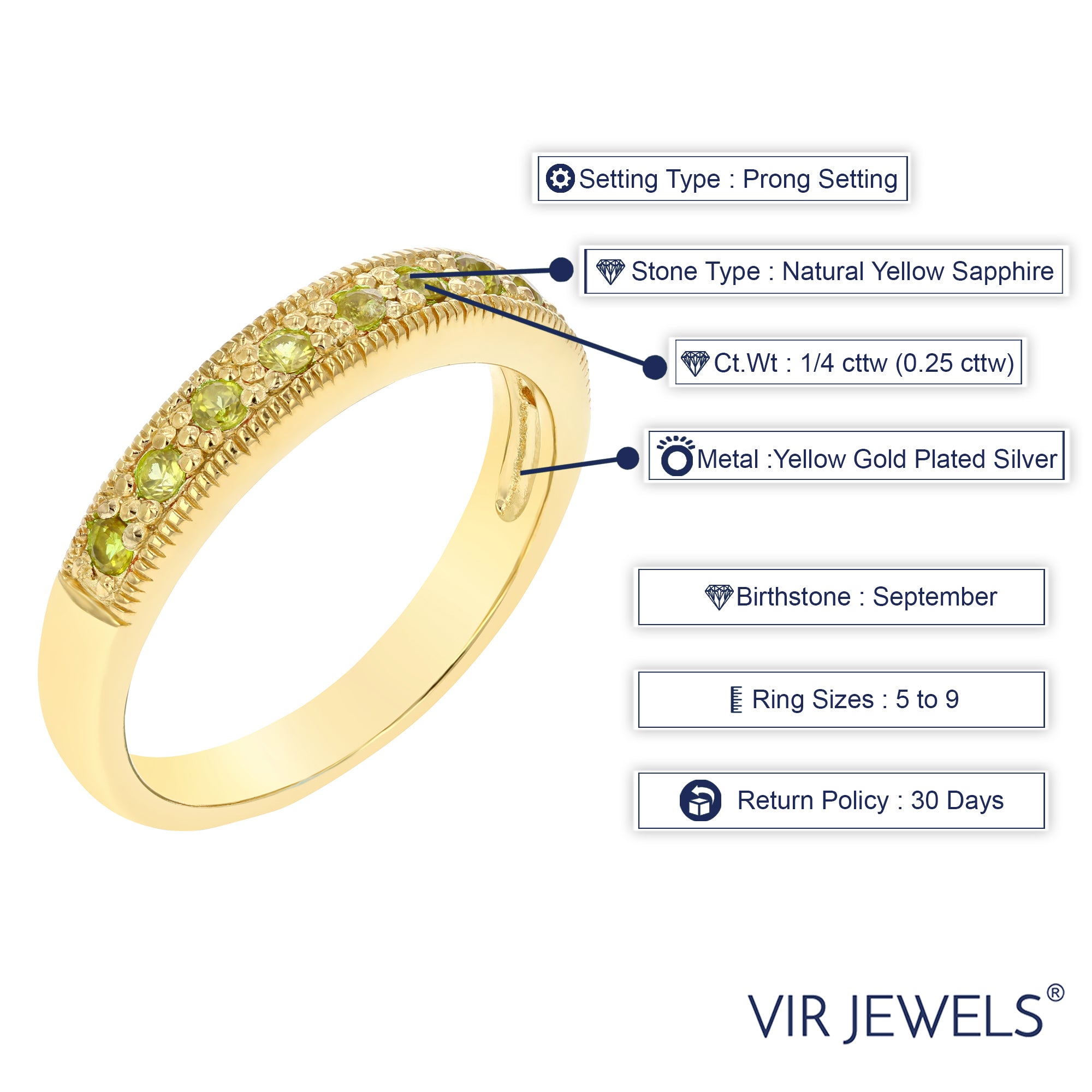 1/4 cttw Yellow Sapphire Wedding Band Yellow Gold Plated over Silver Milgrain