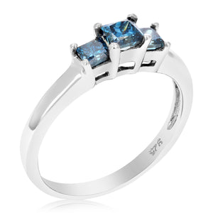 1/2 cttw 3 Stone Princess Cut Blue Diamond Engagement Ring .925 Sterling Silver