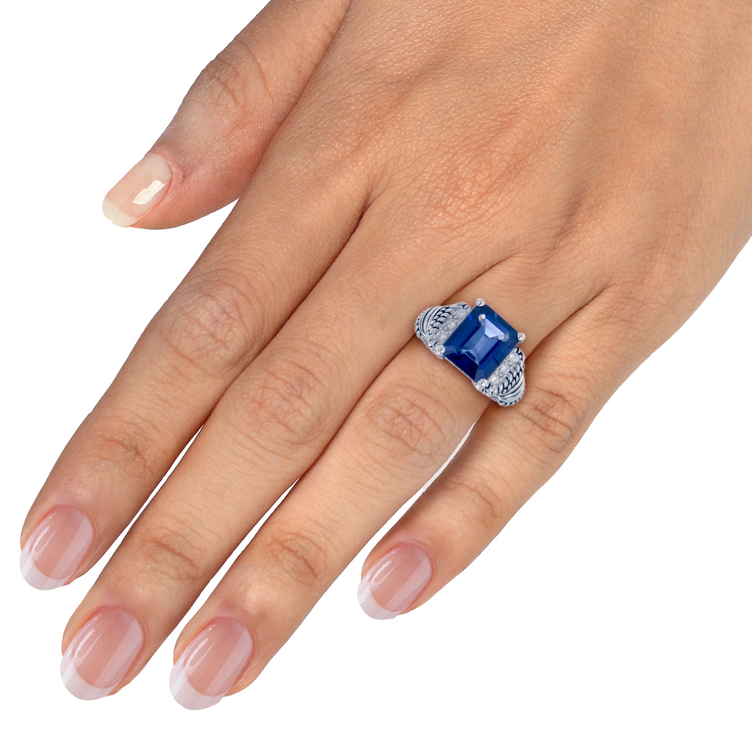 6 cttw Created Blue Sapphire Ring .925 Sterling Silver Emerald 12x10 MM Size 7