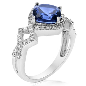2.10 cttw Created Blue Sapphire Ring .925 Sterling Silver Cushion 8 MM Size 7