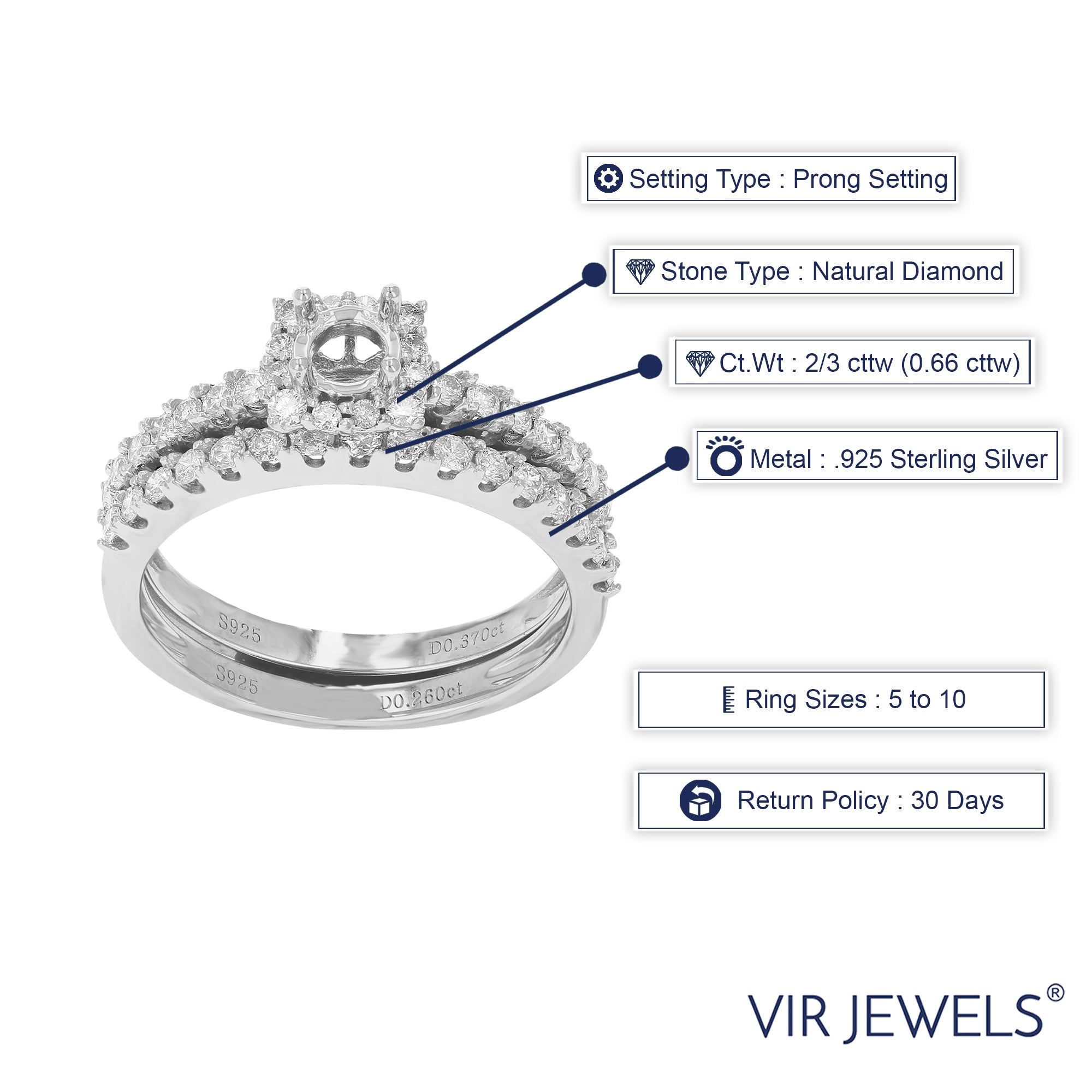 2/3 cttw Diamond Semi Mount Bridal Set .925 Sterling Silver Wedding Size 7