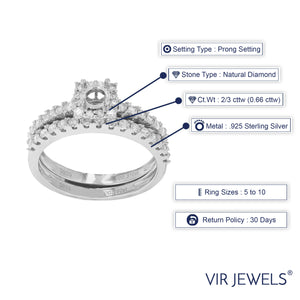 2/3 cttw Diamond Semi Mount Bridal Set .925 Sterling Silver Wedding Size 7