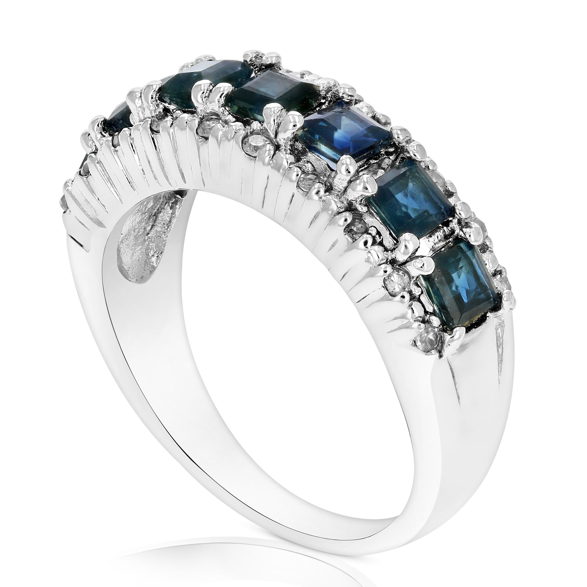 0.70 cttw Blue Sapphire and Diamond Ring .925 Sterling Silver Rhodium Princess