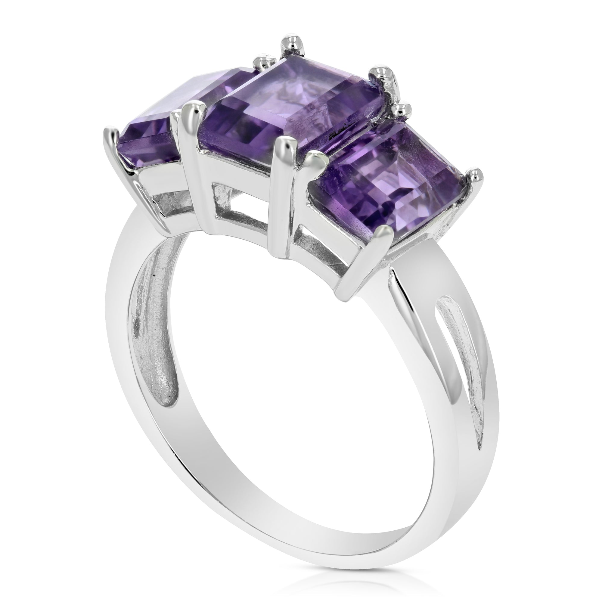 2.35 cttw 3 Stone Purple Amethyst Ring .925 Sterling Silver Rhodium Emerald