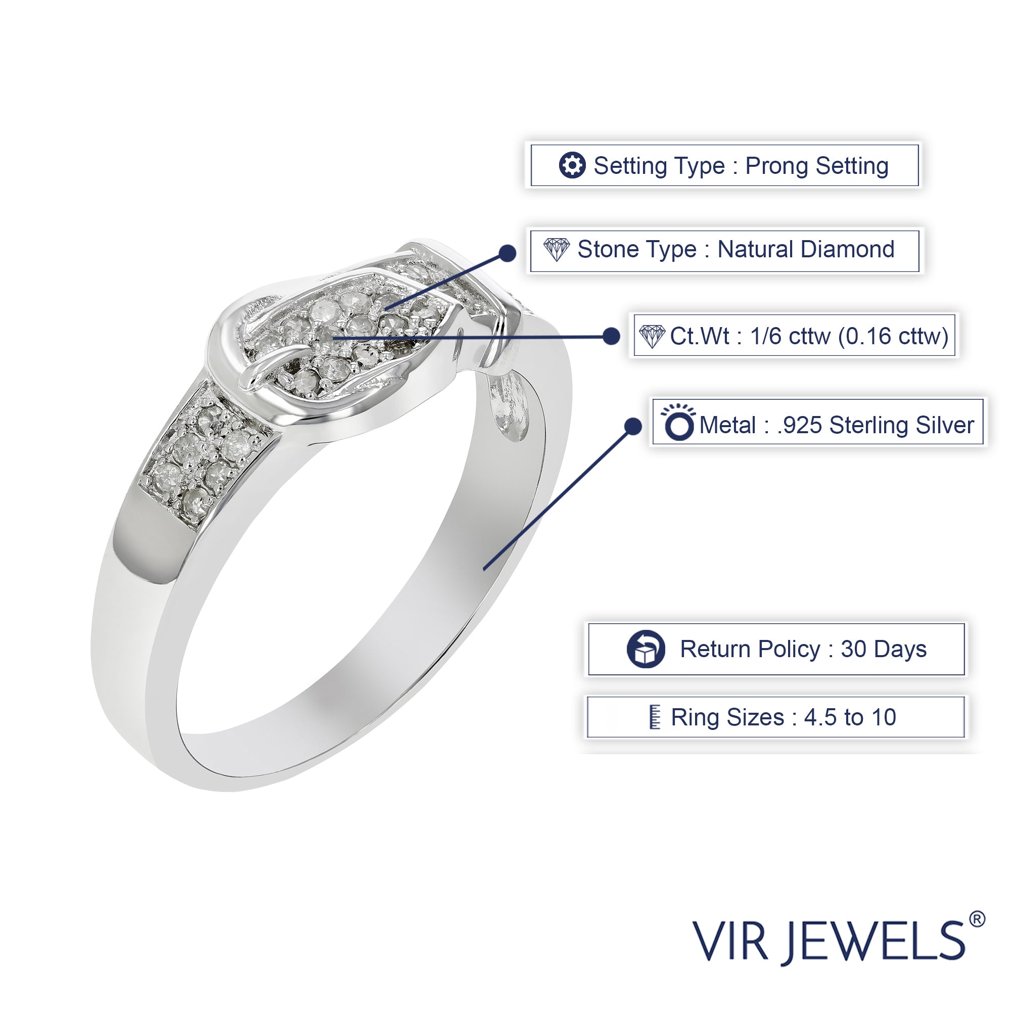1/6 cttw Diamond Buckle Ring in .925 Sterling Silver with Rhodium Plating Round