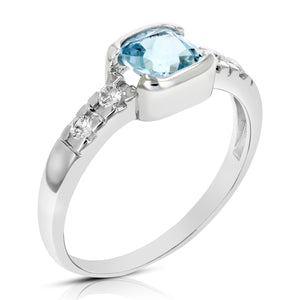 0.80 cttw Blue Topaz Ring .925 Sterling Silver with Rhodium Cushion Cut 6 MM