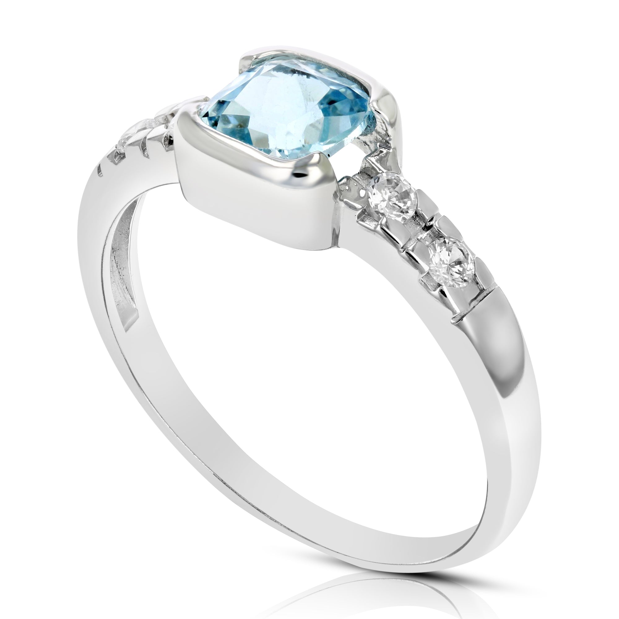 0.80 cttw Blue Topaz Ring .925 Sterling Silver with Rhodium Cushion Cut 6 MM