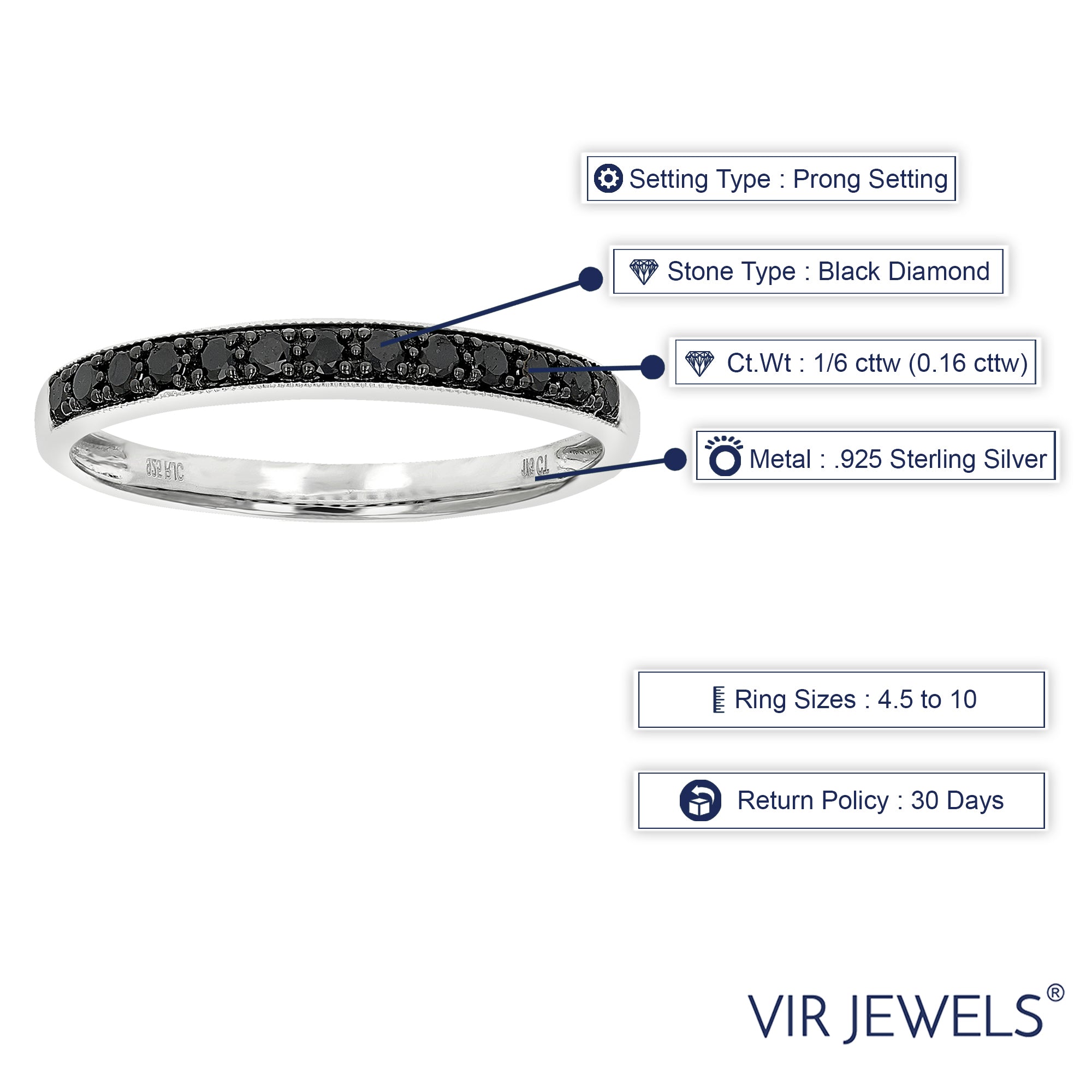 1/6 cttw Black Diamond Wedding Band in .925 Sterling Silver with Milgrain