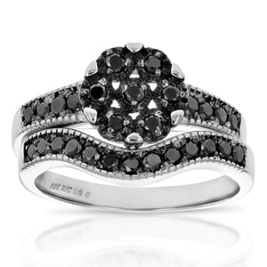 2/3 cttw Black Diamond Engagement Bridal Ring Set .925 Sterling Silver Milgrain