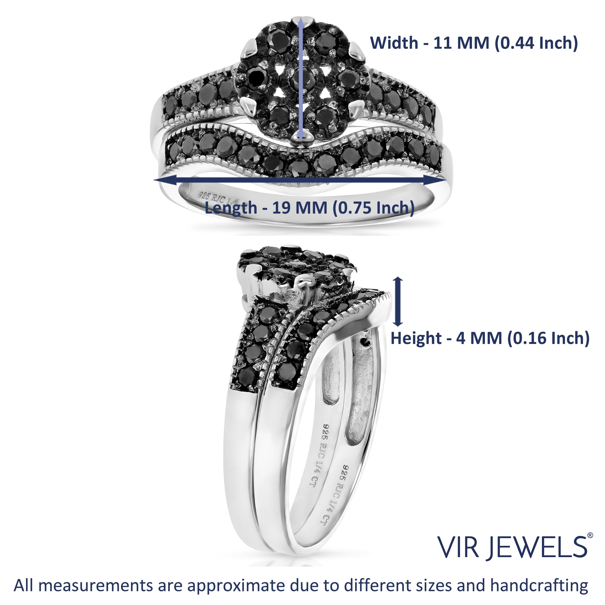 2/3 cttw Black Diamond Engagement Bridal Ring Set .925 Sterling Silver Milgrain