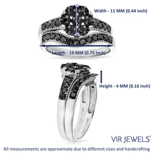 2/3 cttw Black Diamond Engagement Bridal Ring Set .925 Sterling Silver Milgrain