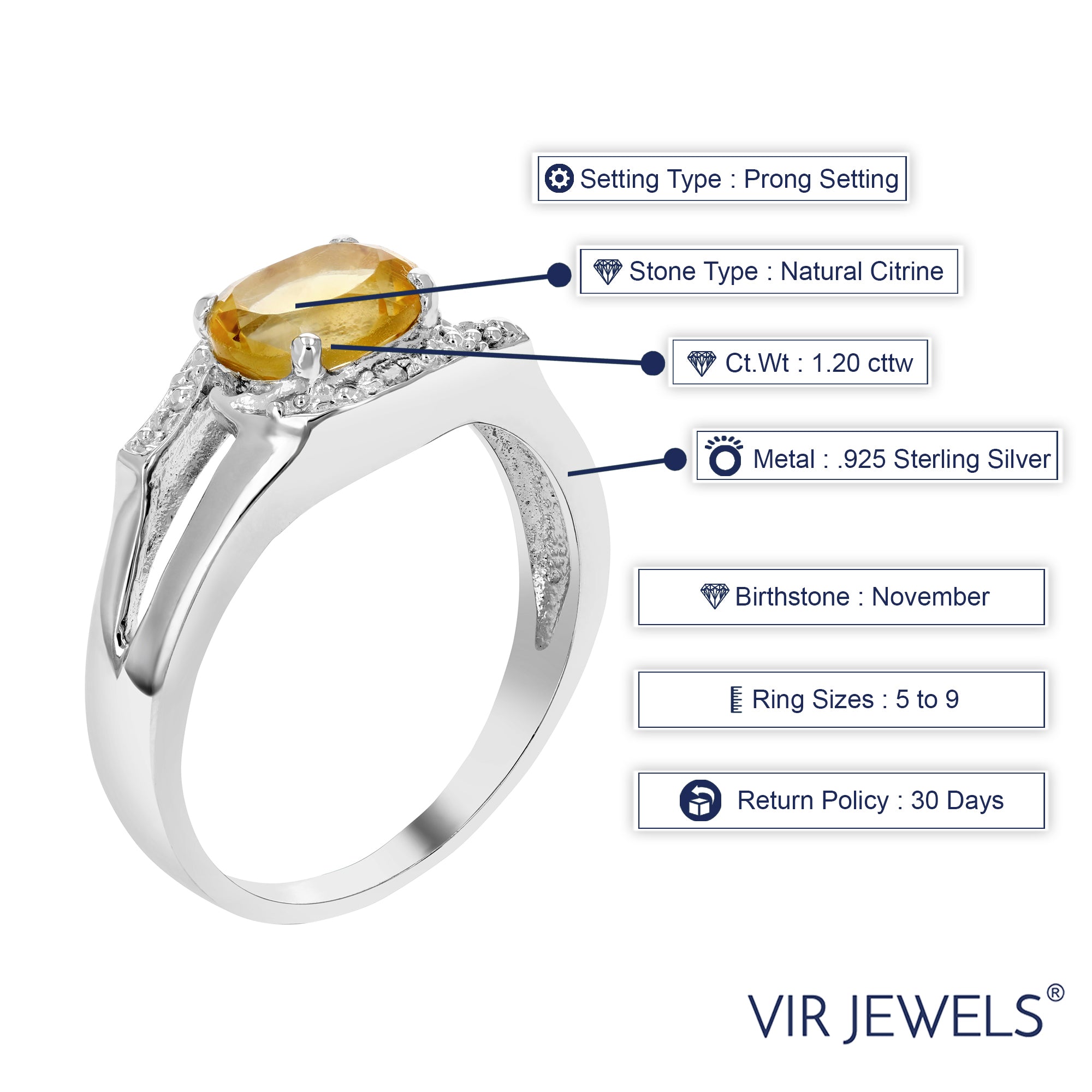 1.20 cttw Oval Shape Citrine Ring in .925 Sterling Silver with Rhodium Plating