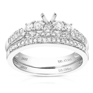 1/2 cttw Diamond Semi Mount Bridal Set .925 Sterling Silver Wedding Size 7