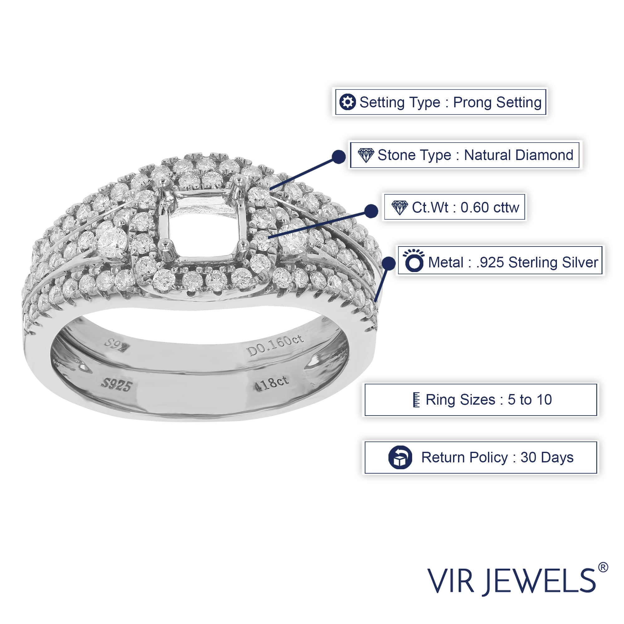 0.60 cttw Diamond Semi Mount Bridal Set With Center Princess Silver Size 7