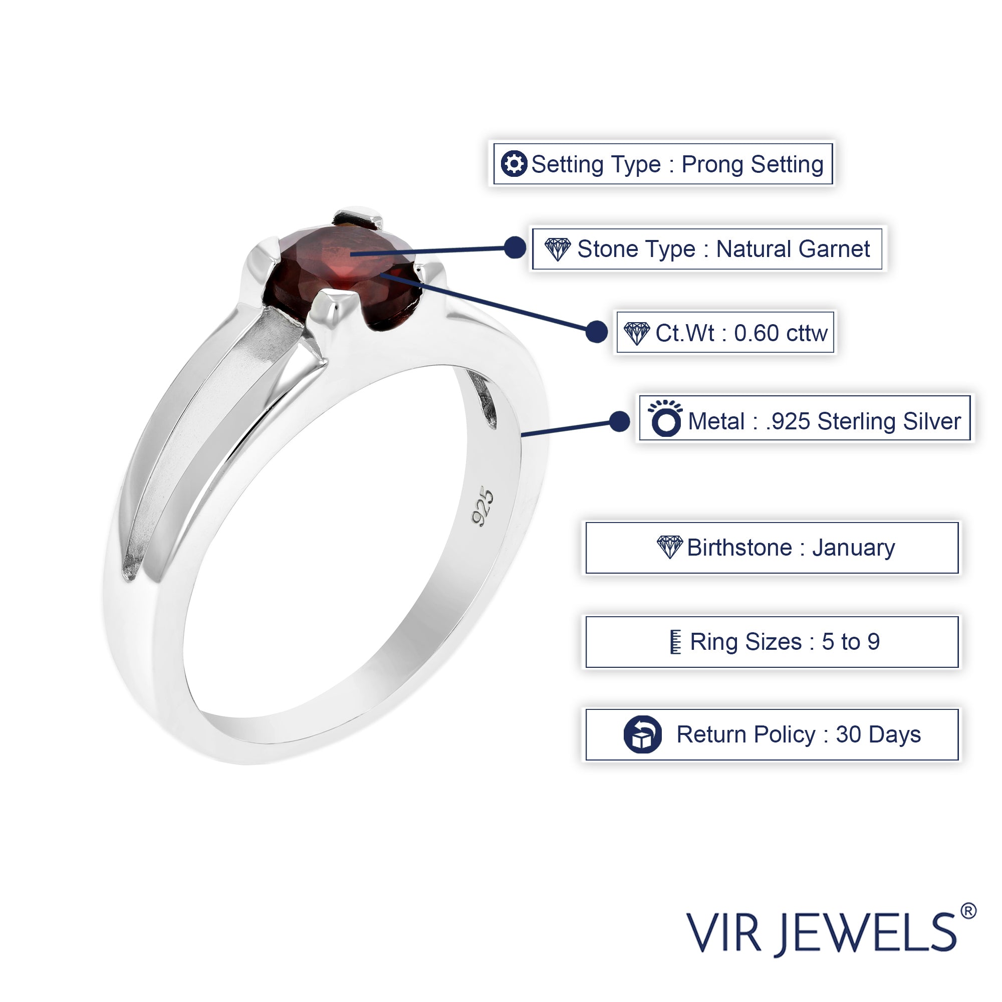 0.60 cttw Garnet Ring .925 Sterling Silver with Rhodium Plating Round Shape 6 MM