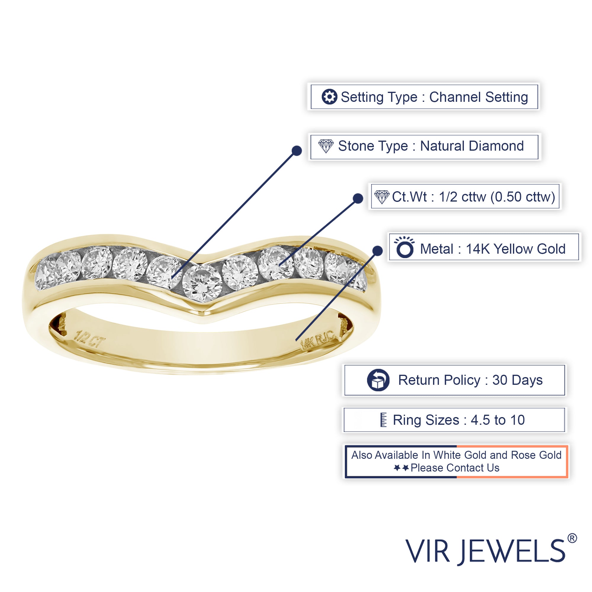 1/2 cttw Diamond V Shape Wedding Ring 14K Yellow Gold Channel Set Round