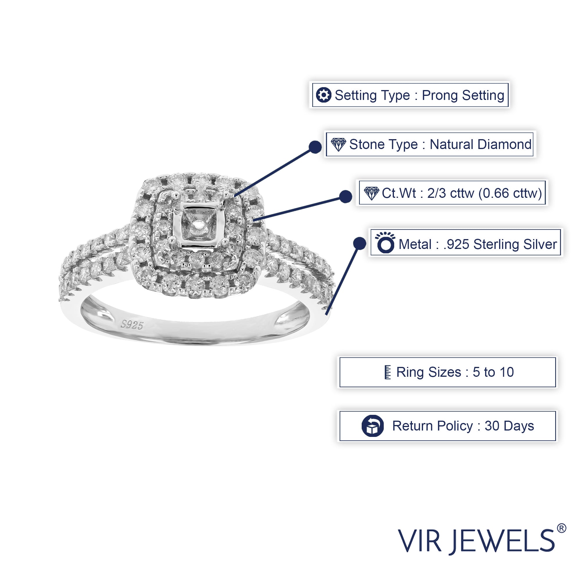 2/3 cttw Diamond Semi Mount Engagement Ring .925 Sterling Silver Size 7