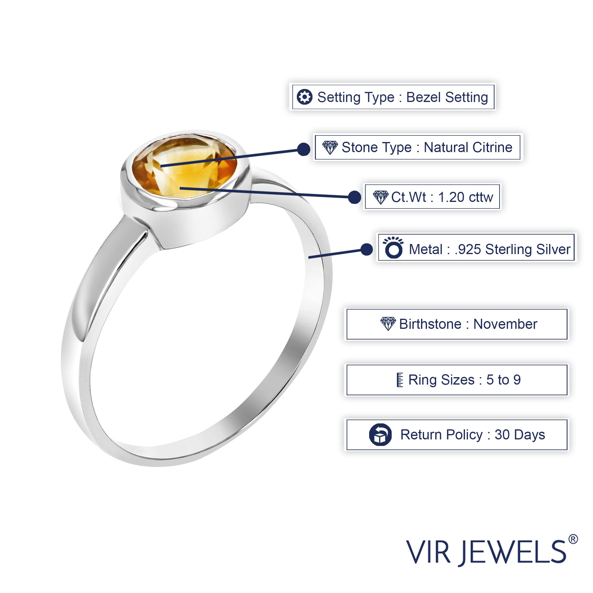 1.20 cttw Citrine Ring in .925 Sterling Silver with Rhodium Solitaire Bezel Set