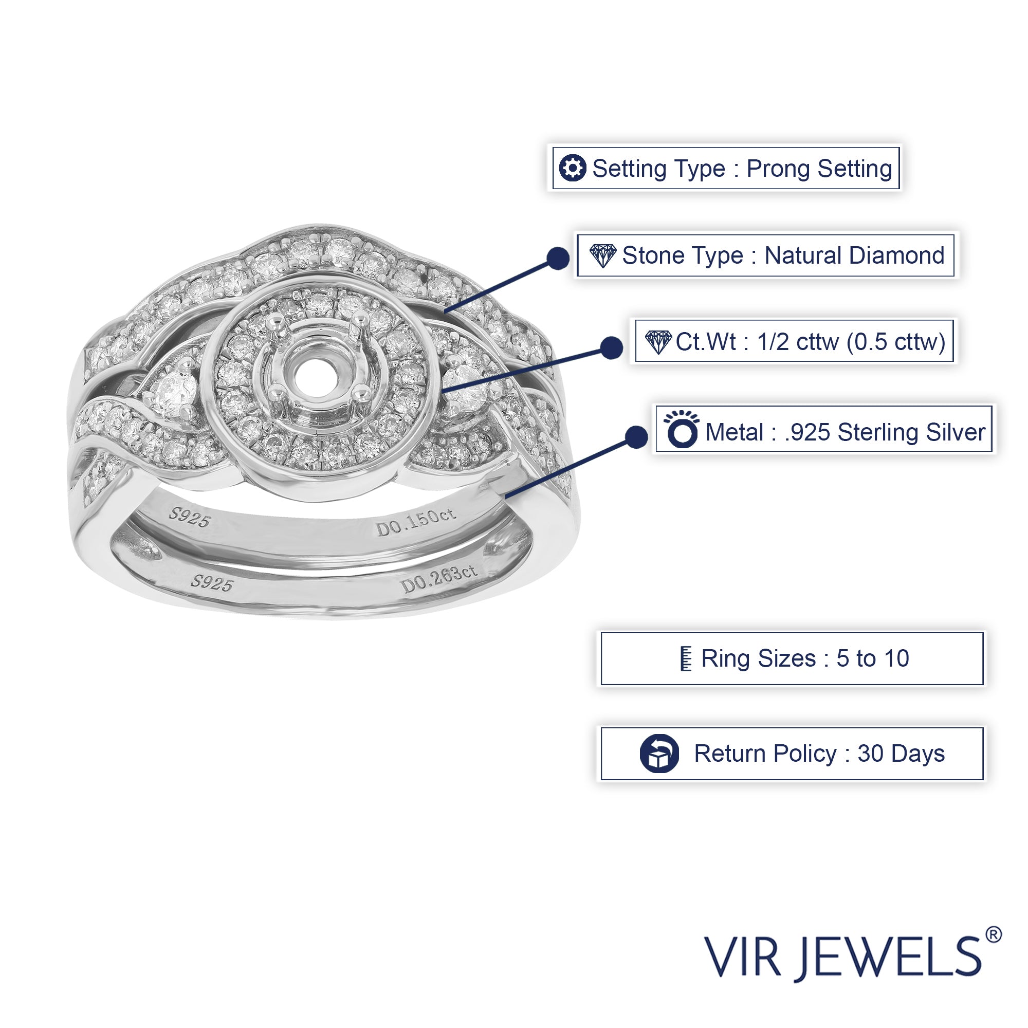1/2 cttw Diamond Semi Mount Bridal Set .925 Sterling Silver Wedding Size 7