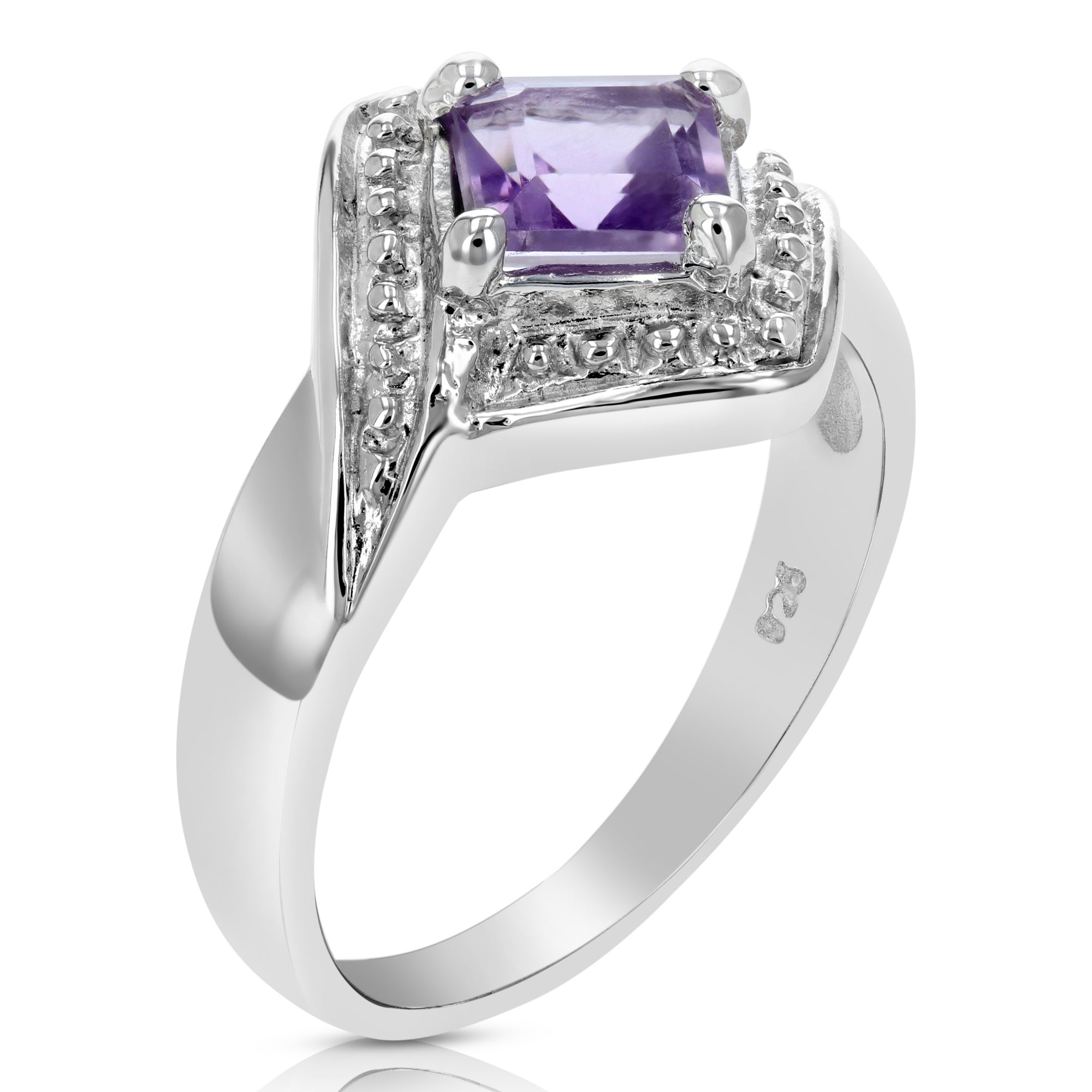 0.60 cttw Purple Amethyst Ring .925 Sterling Silver with Rhodium Princess 5 MM